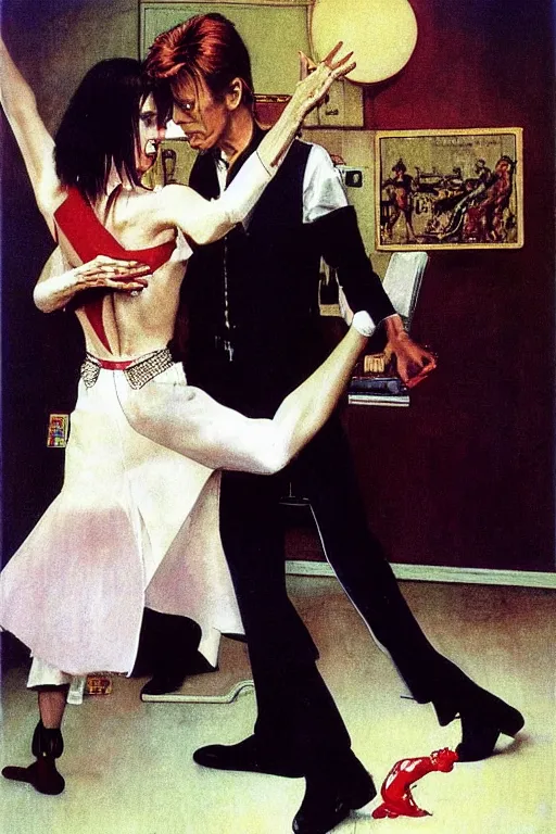 Prompt: david bowie with mia wallace in a dance floor painted by norman rockwell