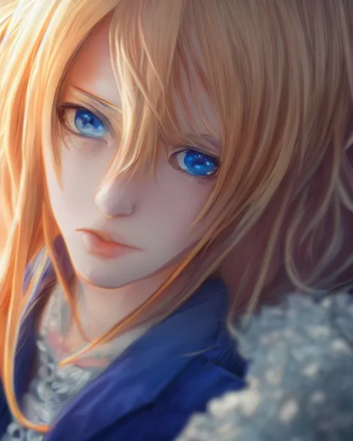 Image similar to Alice by Andrew Khok and Mitsu Art and Aniplex, Alicization, flowing blonde hair, anime, symmetrical face, blue eyes, elegant, sunset, trending on artstation, artstationHD, artstationHQ, patreon, 4k, 8k, unreal engine, exquisite detail, sharp focus, beautiful