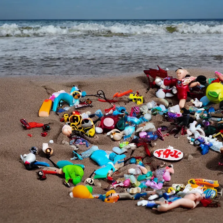 Image similar to surreal hyperrealistic photograph of a beach, toy dolls and parts of toy dolls strewn about, shot toward the ocean