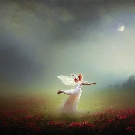 Image similar to the moonlit dance of the fae, dancers in white dancing across a flower meadow the moonlit dance by elena vizerskaya and ivan aivazovsky, perfectly detailed, artstation, sharp focus, highly detailed, studio photography, atmospheric, trending on artstation, surrealist, volumetric lighting