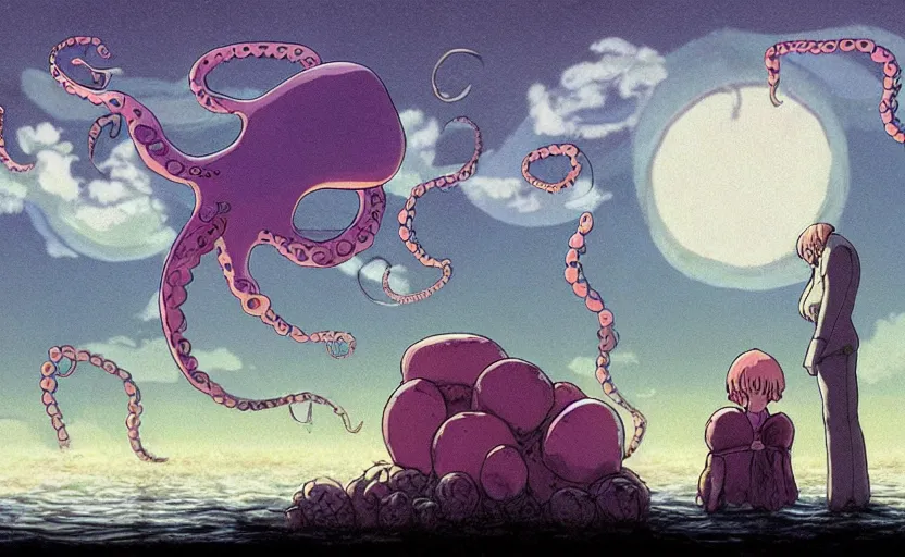 Image similar to a realistic cell - shaded studio ghibli concept art from paprika ( 2 0 0 6 ) of a flying multi - colored octopus from close encounters of the third kind ( 1 9 7 7 ) and a grey long - haired witch in a flooded stonehenge on a misty starry night. very dull colors, wide shot, hd, 4 k, hq