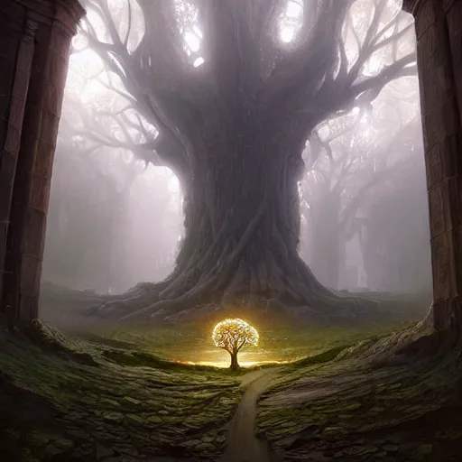 Prompt: a beautiful giant tree growing in the middle of an ancient Victorian library indoors. a door is embedded in the tree. fantasy digital art, fantasy style art, fantasy hearthstone art style, fantasy game art by greg rutkowski, darksouls concept art