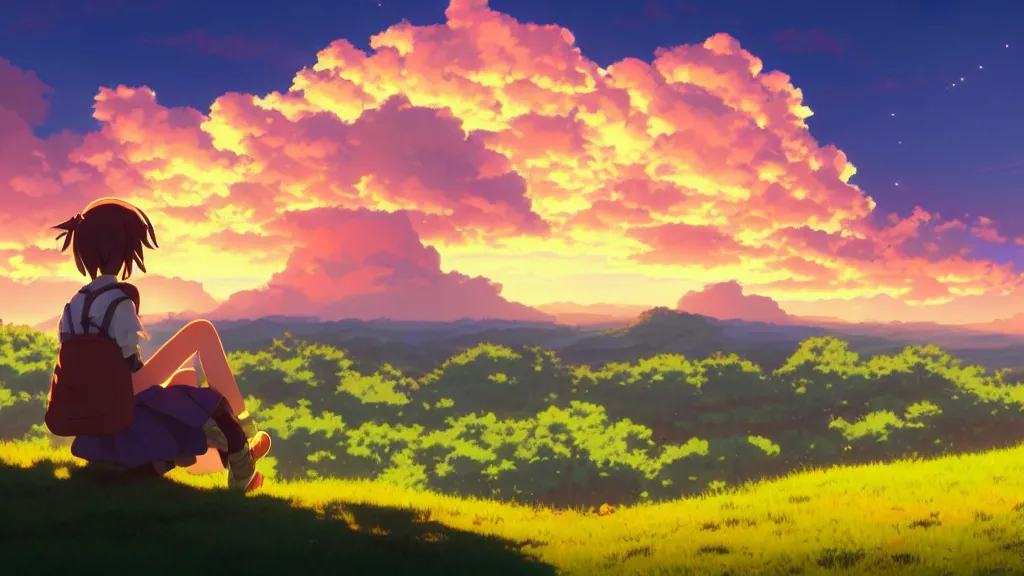 Prompt: a schoolgirl girl sat on the hillside and looked at the dusk sky, beautiful sunset glow, giant cumulonimbus cloud, rich vivid colors, ambient lighting, dynamic lighting, official media, anime key visual, detailed, artwork by makoto shinkai.