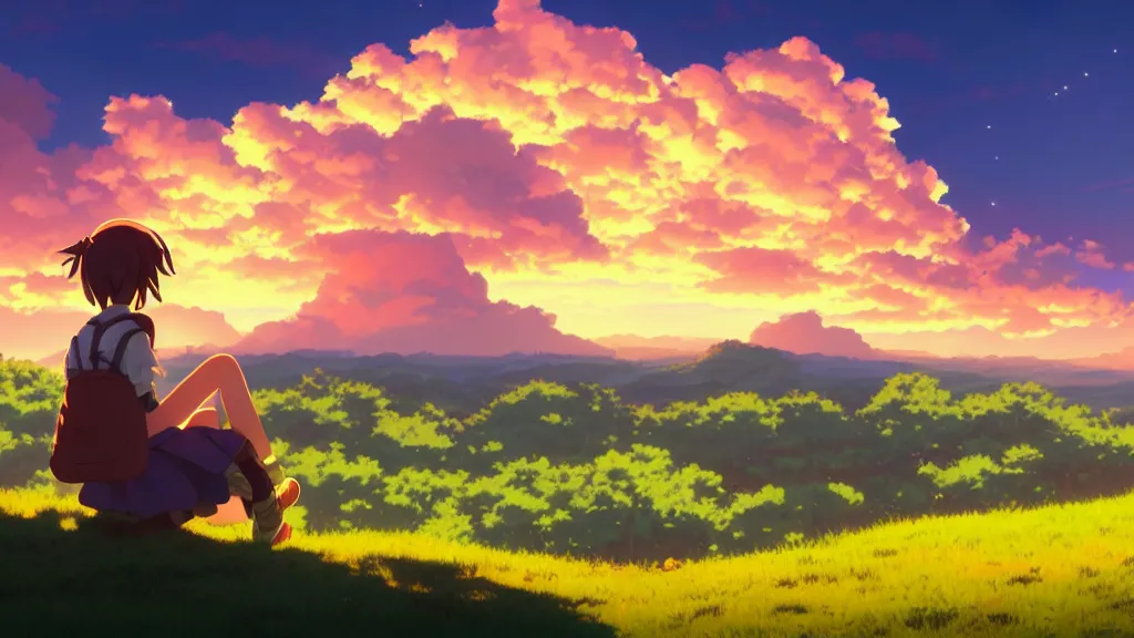 Anime scenery, sunset, anime school girl, clouds, artwork, Anime, HD  wallpaper