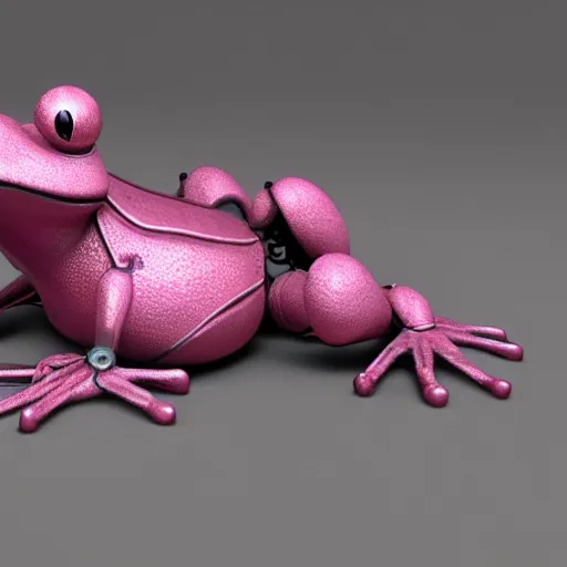 Prompt: A 3d render of steam punk style robotic pink frog. Vray octane. Very detailed. Hyper realism. Studio lighting