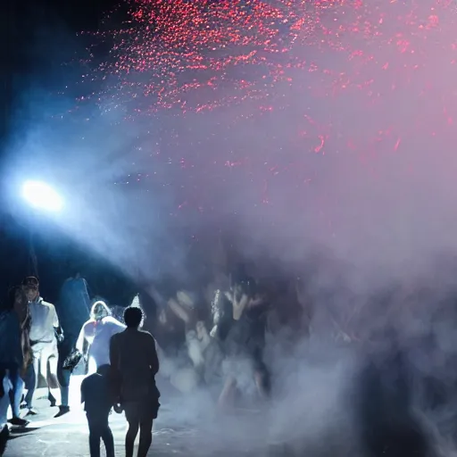 Image similar to love, giant group diverse bodies, smoke lasers, darkness, from behind, rebirth rituals, wide angle, elaborate, smoke, highly detailed, beautiful lighting