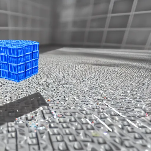 Image similar to a realistic photo of a mug being smashed on the ground and breaking into multiple voxel cubes. photo realistic.