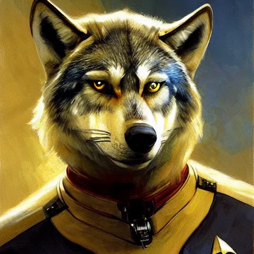Image similar to a portrait of a wolf dogman canine star trek chief engineer. highly detailed painting by gaston bussiere craig mullins j. c. leyendecker furry