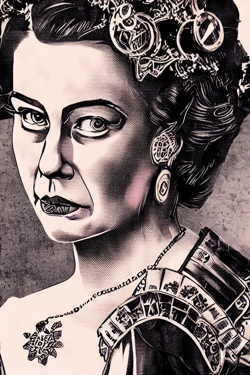 Image similar to heroine, beautiful,vintage ink style, cyberpunk queen elizabeth,ultra detailed, digital art, 8k ,character ,realistic, portrait, hyperrealistic