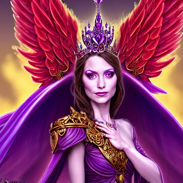 Image similar to Princess sorceress with red flaming bird wings on her back and sitting on an ornate throne dressed in a fancy long purple dress, beautiful realistic symmetrical defined face, Slight smile and open eyes, anatomically correct, Fantasy, Full Portrait, High detail, realistic, planeswalker