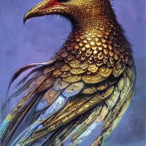 Image similar to colorful bird, golden crown, from overlord, close up, fantasy, intricate, elegant, highly detailed, digital painting, artstation, concept art, sharp focus, illustration, art by luis royo, wayne barlowe, kirsi salonen, asya yoranova and alan lee