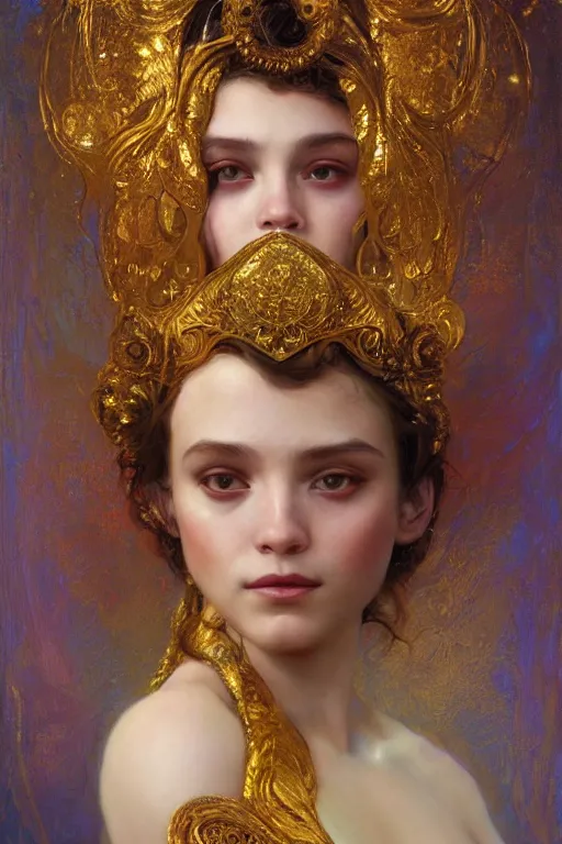 Prompt: an intricate artistic pose painting of a beautiful young girl with an artistic pose with klimt golden motives and textures, hyper detailed, ornamental gold headpiece, octane render, vivid colors, artstation, by jeremy mann, by alphonse mucha, by boris vallejo