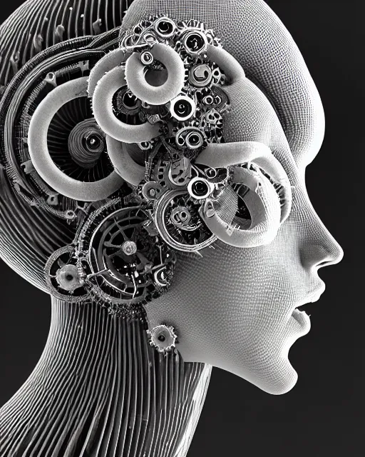 Image similar to mythical black and white organic bio-mechanical spinal ribbed profile face portrait detail of mechanical beautiful female angelic-vegetal-cyborg, highly detailed, intricate steampunk ornate, poetic, 3D render, digital art, octane render, 8K artistic photography, photo-realistic, by Dora Maar