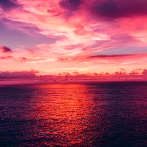 Image similar to Photo of the middle of the ocean, tiny, hilly islands made of sand, a couple of palm trees, sunset, pink clouds, dreamy, enchanting, ultrarealistic, establishing shot