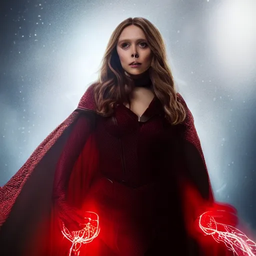 Prompt: elizabeth olsen as the scarlet witch emanates magic from her palms, full - body portrait, 3 5 mm!!!!! photography, disdain facial expression, messy!!!!! hair, trending on artstation, photorealistic!!!!!, 4 k, 8 k