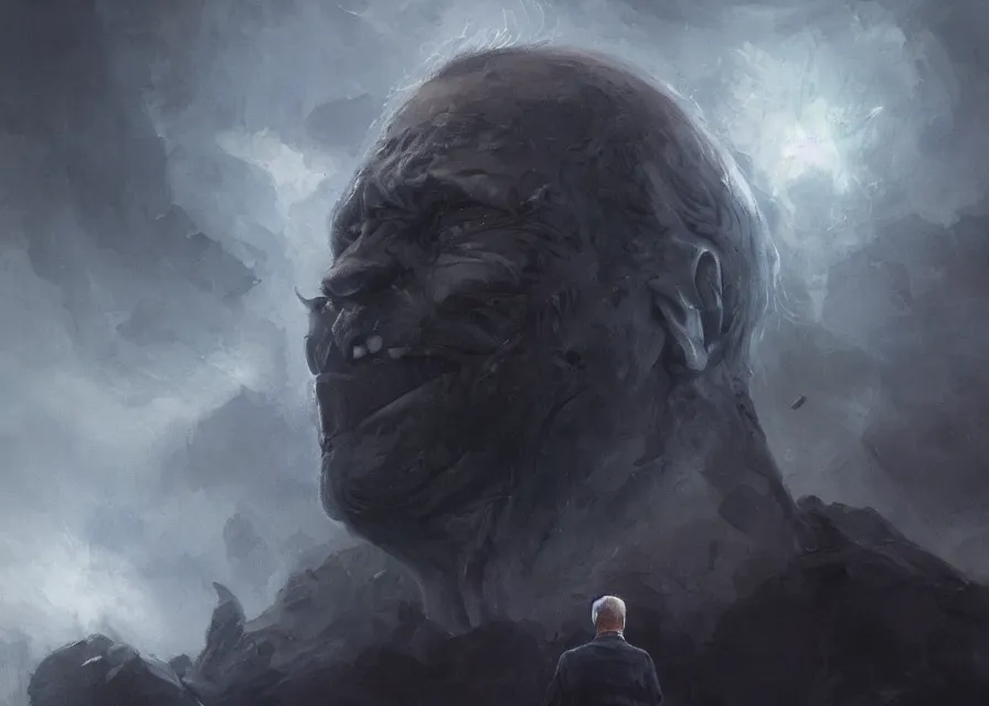 Image similar to abstract painting of giant Joe Biden smiling emperor of the world emerging in dark clouds, immense crowd of people, cosmic horror , trending on ArtStation, masterpiece, by Greg Rutkowski, by Ross Tran, by Fenghua Zhong, octane, lightbeam eyes, soft render, clear facial features, oil on canvas, moody lighting, cinematic, professional environment concept art