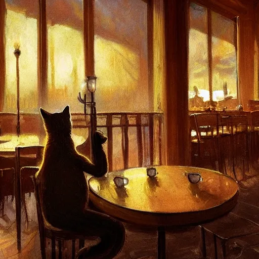 Image similar to brown cat with yellow eyes is sitting at table in a cafe at paris in early 2 0 th century. atmospheric feeling, warm colours, brown colours, yellow colours, epic scene, cinematic, very detailed, concept art, trending on artstation