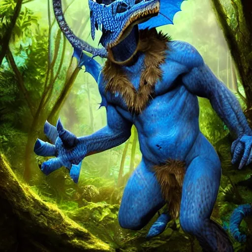 Prompt: A dragonborn with blue scales in a rainforest, trending on artstation, digital art, high qualtity