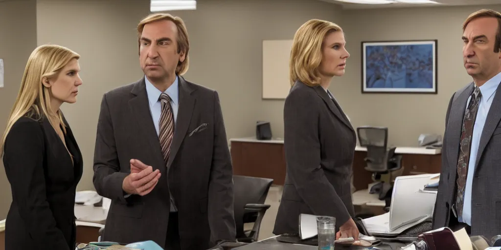 Image similar to saul goodman and kim wexler in severance office setting