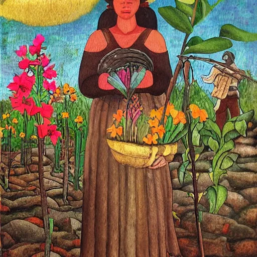 Prompt: a mixed media painting of a women planting flowers in a post apocalyptic world in style of the painting of the flower carrier by diego rivera, highly detailed, realistic, masterpiece