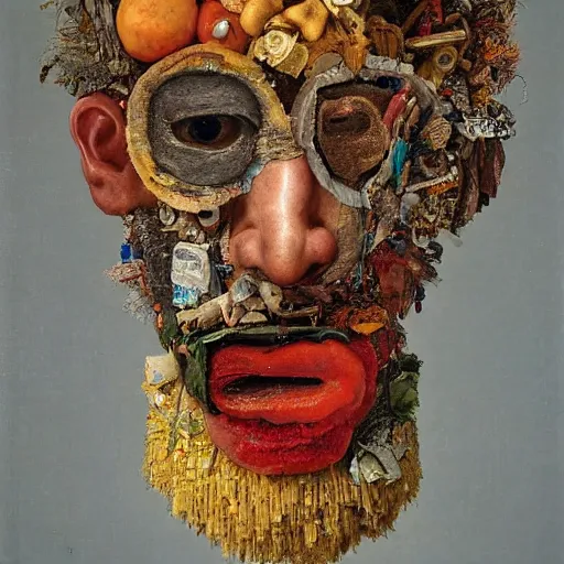Prompt: a head made out of trash by giuseppe arcimboldo, oil on canvas