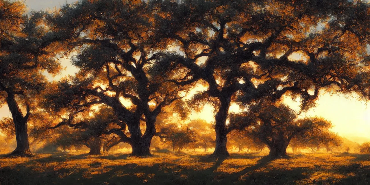 Image similar to a beautiful, stunning landscape with giant oak trees in spring during sunset by craig mullins