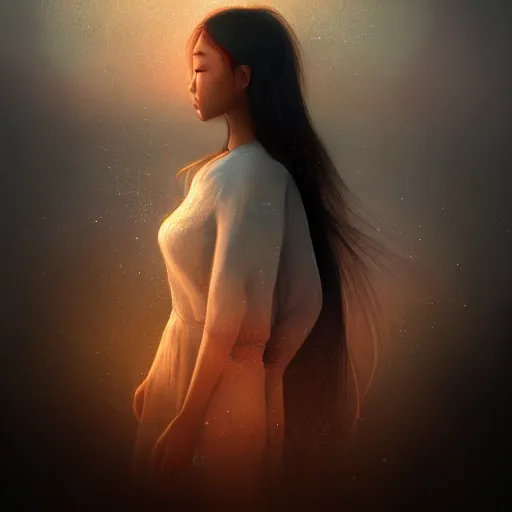 Image similar to a thin, pretty young Filipino woman with long hair floats in a dreamy world in the distance, her face is shaded, very beautiful, inspiring, dramatic lighting, abstract digital art, trending on artstation