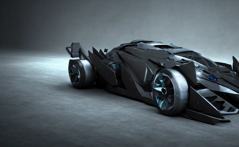 Image similar to A 2025 Batmobile Concept, studio lighting, extreme detail, very high quality, 3D render, octane render