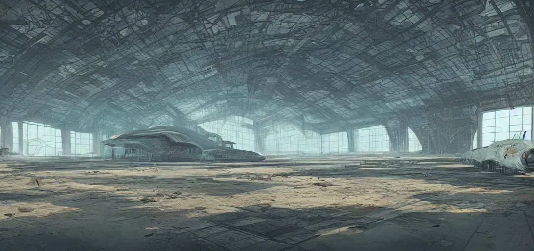 Image similar to interior of a futuristic abandoned hangar, sci - fi, digital art by beeple, simon stalenhag and paul chadeisson