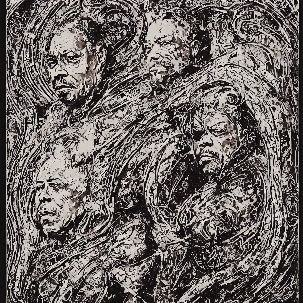 Image similar to A dramatic art nouveau bust portrait of James Earl Jones with long black hair as Thulsa Doom in scratchy rune-carved armor, framed with metallic art nouveau shield designs around the borders, by Travis Charest, Jia Ruan and Bill Sienkiewicz, watercolor, bleed, splatters, random brush strokes, epic lighting and depth of field, sinister ambience, malevolent expression, determination, dominance, confidence, mixed media painting, accurate symmetrical facial details, perfect symmetry, sumerian, roman, egyptian, medieval, intricately detailed