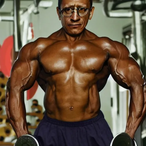 Prompt: photo of Gustavo Fring as a Bodybuilder in a gym, realistic, full body, 4k, dramatic, real