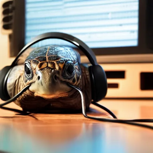 Image similar to turtle with headphones singing in music studio