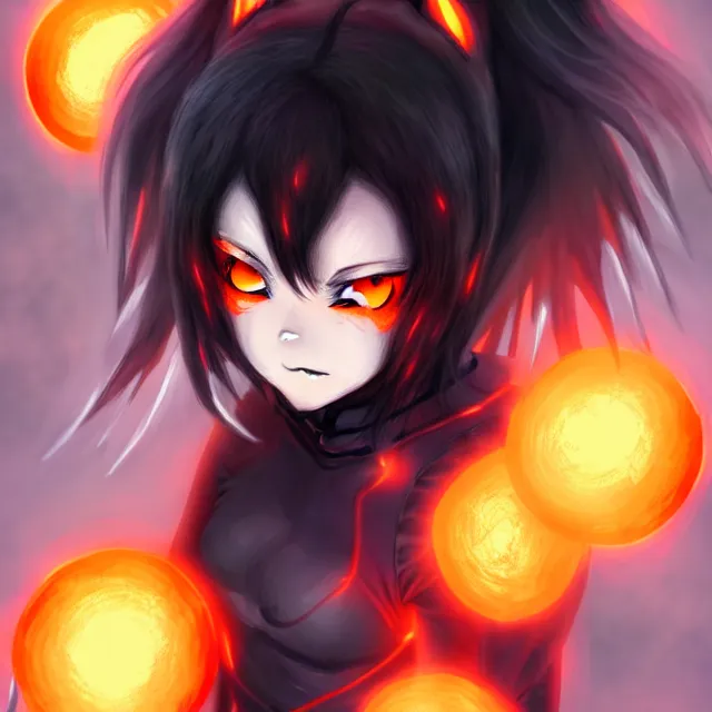 Image similar to an athletic hellhound anime girl with charcoal skin, shaggy black hair and glowing orange eyes, digital art, Behance, pixiv, astonishing, impressive, outstanding, epic, cinematic, stunning, gorgeous, breathtaking fantasy art, masterpiece.