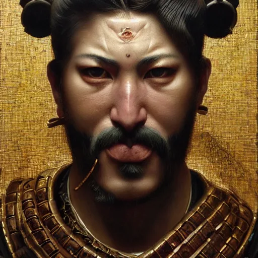 Image similar to highly detailed oil painting | very intricate | cinematic lighting | award - winning | a mosaic of oni samurai masks | by roberto ferri, by tom bagshaw, by j. c. leyendecker and klimt, beautiful cinematic light, american romanticism, by austin osman spare, artstation, cgsociety, official art, octane