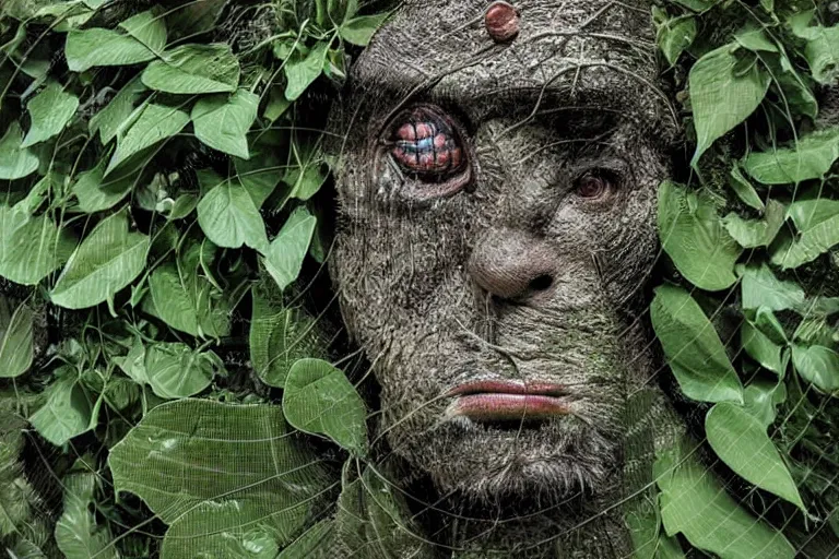 Prompt: sad face treeman humanlike mammal creature crocodile skin covered in ivy plants grass veins, underwater troll covered in dirt sand gills electrons, electronic wires devices grown together, overgrown plants rocks, dramatic, god rays, dark, skin, plastic wrap,