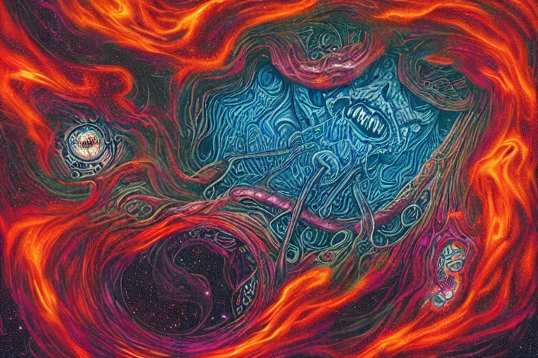 Image similar to a giant skull with deep and intricate rune carvings and glowing eyes with thick lovecraftian tentacles emerging from a space nebula by dan mumford, twirling smoke trail, a twisting vortex of dying galaxies, digital art, photorealistic, vivid colors, highly detailed, intricate