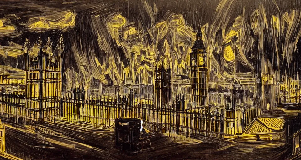 Image similar to london houses of parliament, highly detailed, dramatic lighting, intense shadows, rich deep colours, by roy lichtenstein