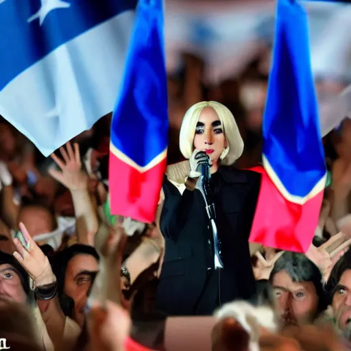 Image similar to Lady Gaga as president, Argentina presidential rally, Argentine flags behind, bokeh, giving a speech, detailed face, Argentina