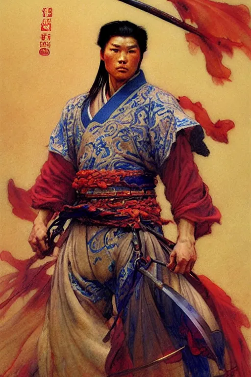 Image similar to wuxia, beefy male, character design, ancient china, colorful, painting by gaston bussiere, craig mullins, j. c. leyendecker, tom of finland