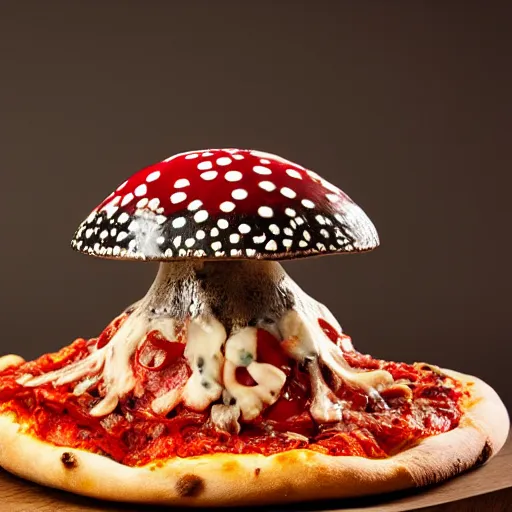 Image similar to spotted amanita muscaria on top of a pizza viewed from the side, ten spotted amanita muscaria, on a table, professional food photography