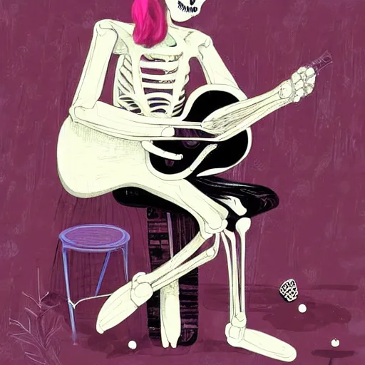 Image similar to skeleton wearing headphones watching girl playing guitar with her black cat standing next to her, digital art