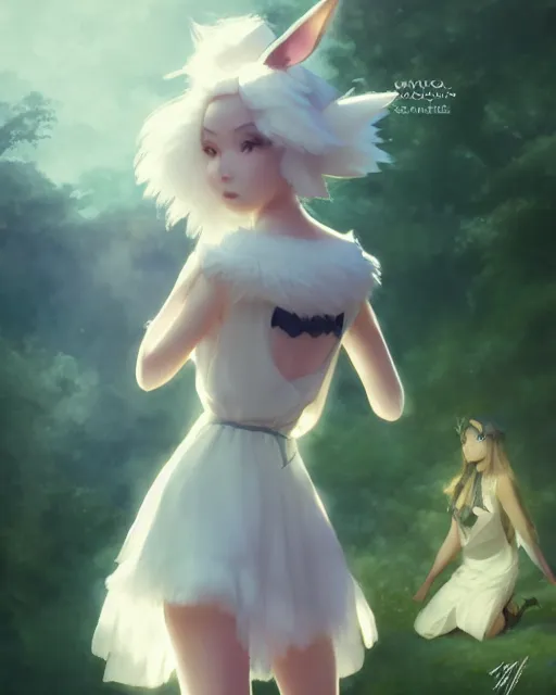 Image similar to photo of eevee pokemon humanisation, in lace short white dress, film still, dslr, by greg rutkowski, gil elvgren, enoch bolles, ross tran, artgerm, wlop, glossy skin, pearlescent, very coherent