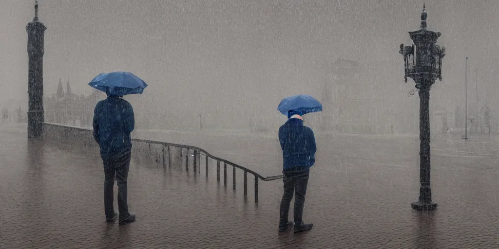 Prompt: a man admiring the rain in middelburg, the netherlands, digital art, 4 k,