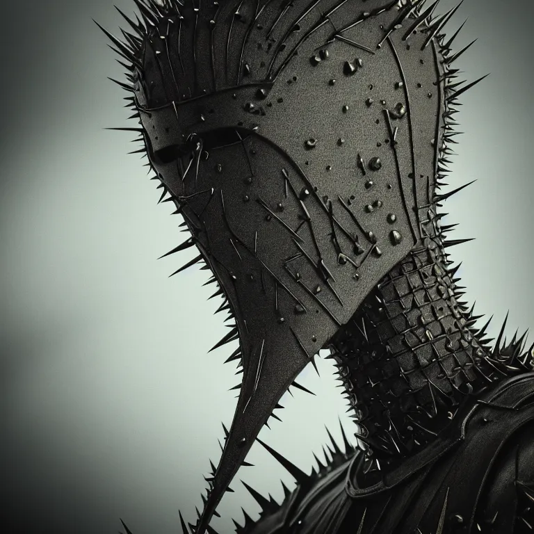 Prompt: surreal closeup face portrait of faceless man wearing transparent plastic spiky helmet sauron armor, black background, baroque painting, desolate empty wasteland, creepy, nightmare, dream-like heavy atmosphere, surreal abandoned buildings, neoclassic, baroque painting, beautiful detailed intricate insanely detailed octane render trending on Artstation, 8K artistic photography, photorealistic, volumetric cinematic light, chiaroscuro, Raphael, Caravaggio, Beksinski, Giger, Rembrandt