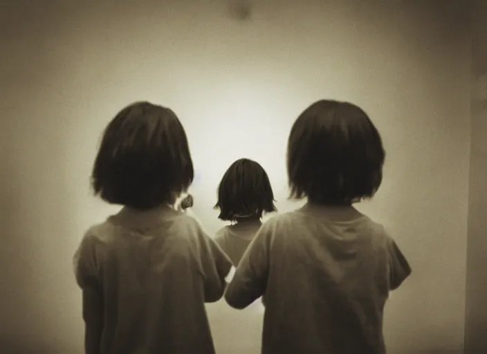 Prompt: eyeless children looking back at you from a dark mirror, horror movie still, sepia tone