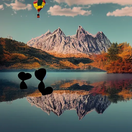 Image similar to photo of two black swans swimming in a beautiful reflective mountain lake, touching heads, forming a heart with their necks, a colorful hot air balloon is flying above the swans, hot air balloon, intricate, portrait, 8k highly professionally detailed, HDR, CGsociety, octane render, 4k