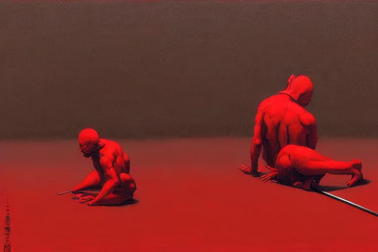 Image similar to only with red, a red samurai do seppuku, tokio, a lot of frogs watch, in the style of beksinski, parts by edward hopper, parts by rodcenko, parts by yue minjun, intricate and epic composition, red by caravaggio, insanely quality, highly detailed, masterpiece, red light, artstation, 4 k