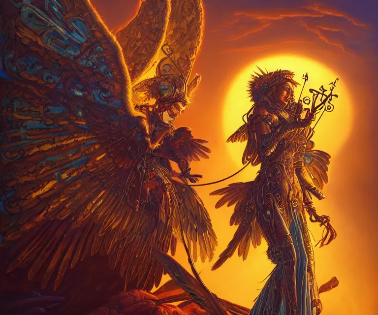 Image similar to a beautiful tarot card artwork of a cyberpunk seraphim in nature, backlit, highly detailed, golden hour, digital painting, by ina wong and justin gerard and dan mumford and artgerm, vivid colors, masterpiece, detailed shading, 8 k resolution, intricate, smooth