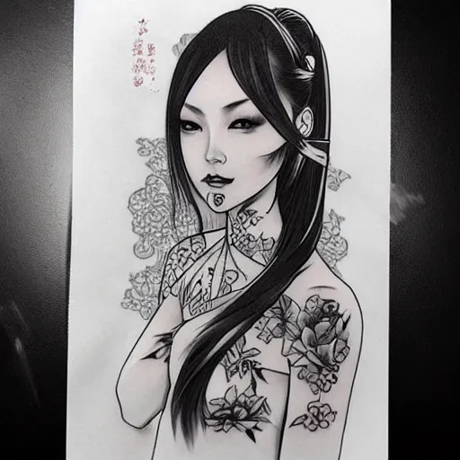 Image similar to tattoo design, stencil, traditional Japanese, beautiful portrait of a girl by artgerm, artgerm, digital art