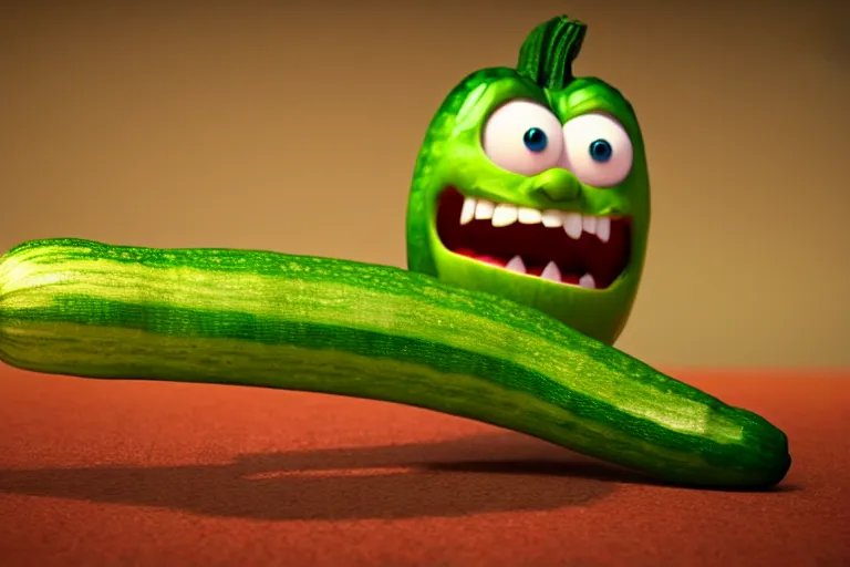 Image similar to detailed 3 d render of a mad zucchini with a long sword chasing after a panicking tomato, hyper realistic octane render, dramatic lighting, high speed chase, wide angle, nightmare, adult pixar surrealism